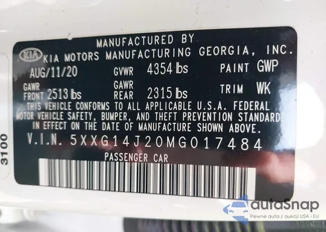 2021 Kia K5 Lxs from USA, damaged, VIN 5XXG14J20MG017484